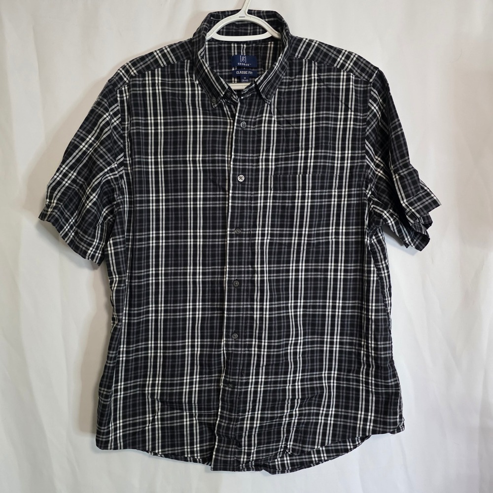 George Plaid Shirt Mens M Black White Short Sleeve Classic Fit Button Down Top